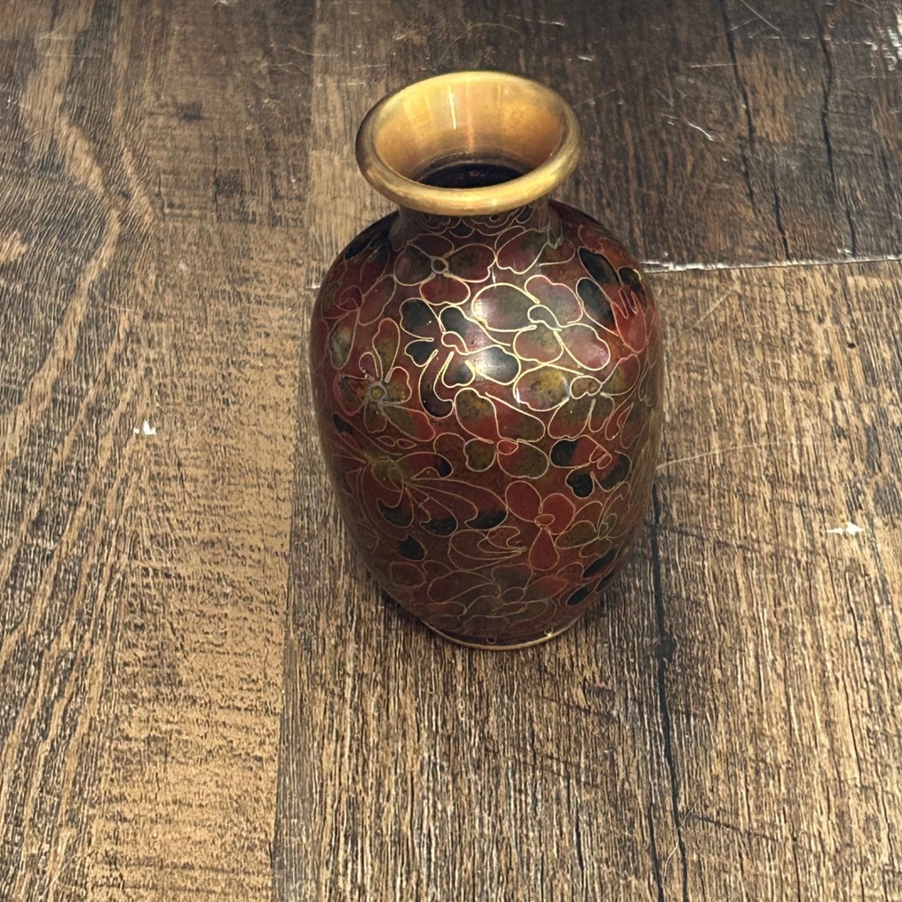 Vintage Miniature Cloisonne Floral Bud Vase Brass Enamel Rust Green 4 Inch